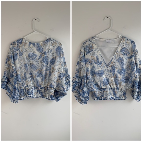 BTFL-life tropical leaf print , blue and white cropped, smoked waist top, size M - Picture 3 of 16